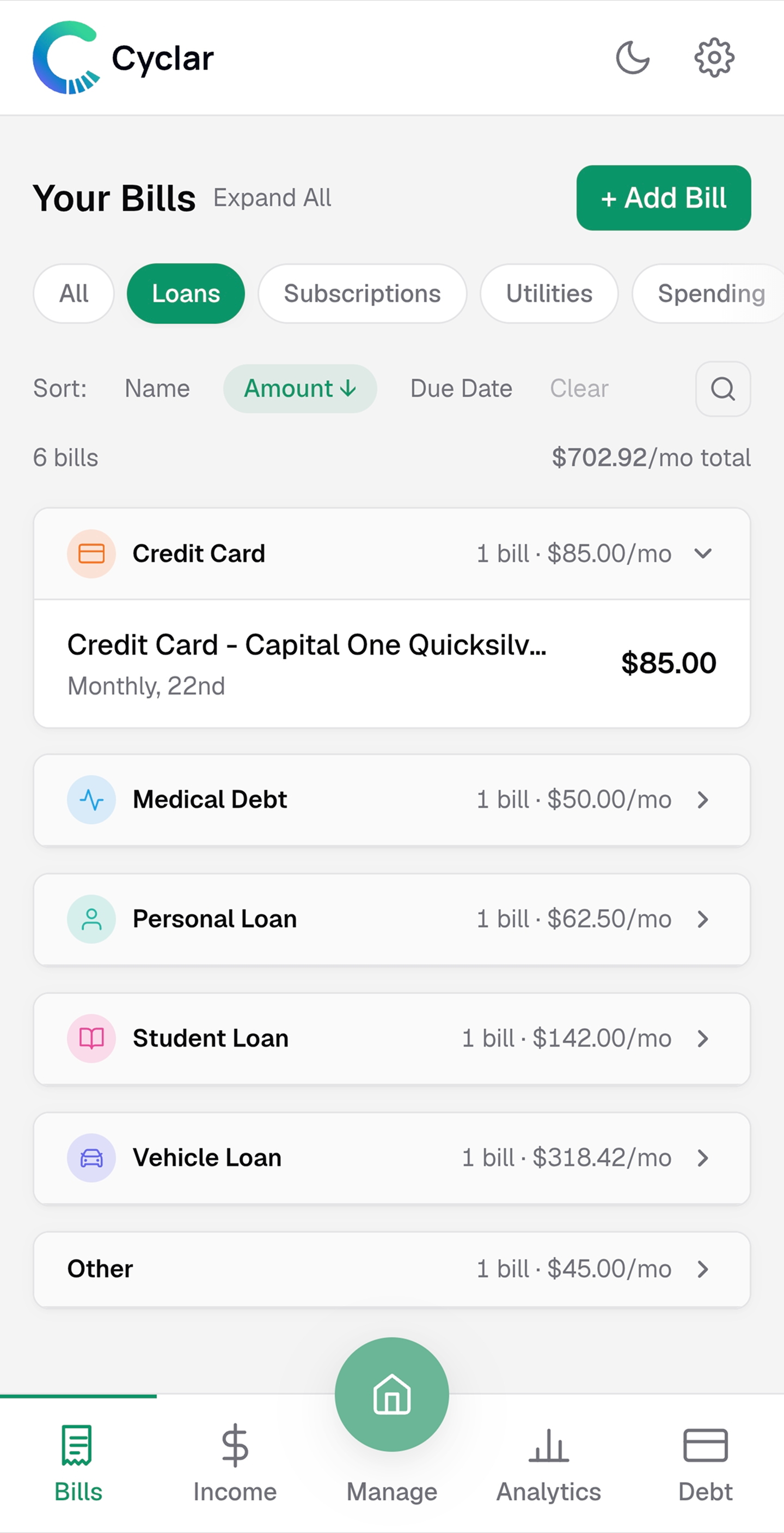 Cyclar bills screen showing recurring expenses organized by category