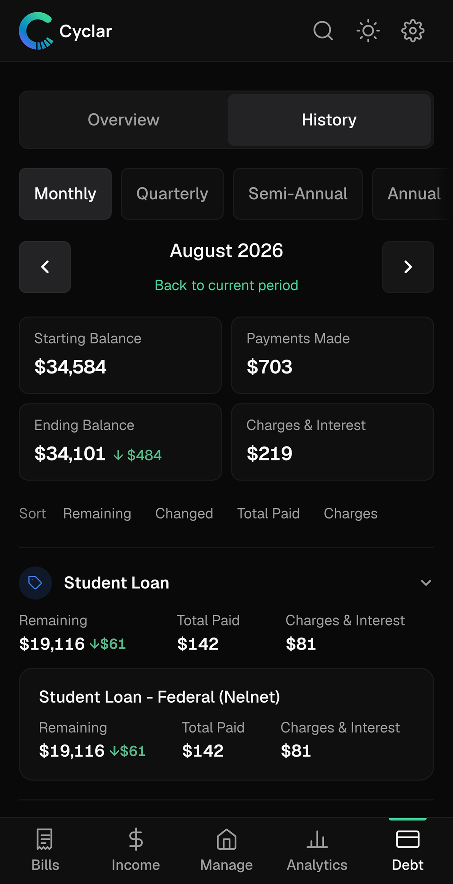 Cyclar debt History tab showing payment and balance update records