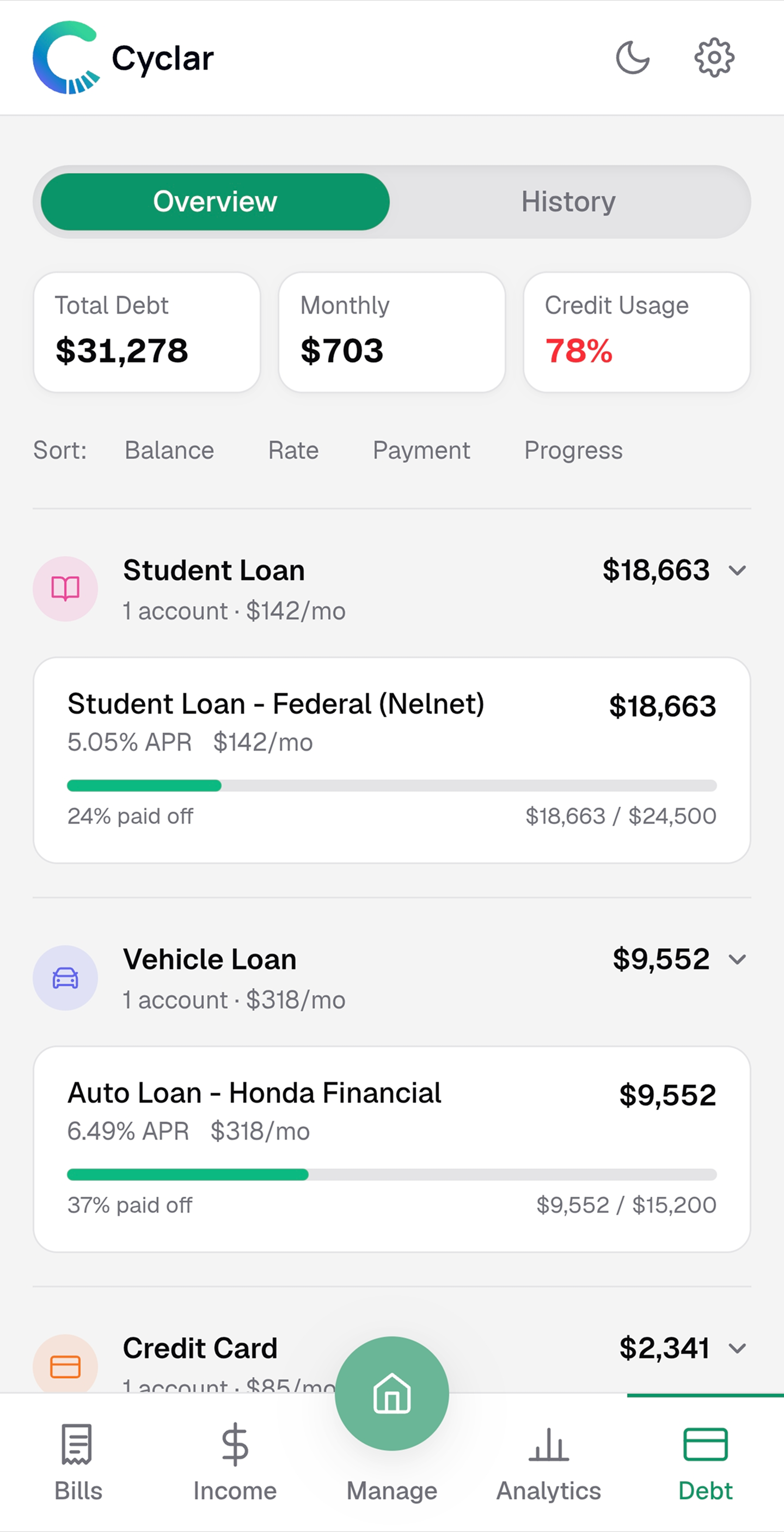 Cyclar debt tracker showing loan progress bars and projected payoff dates