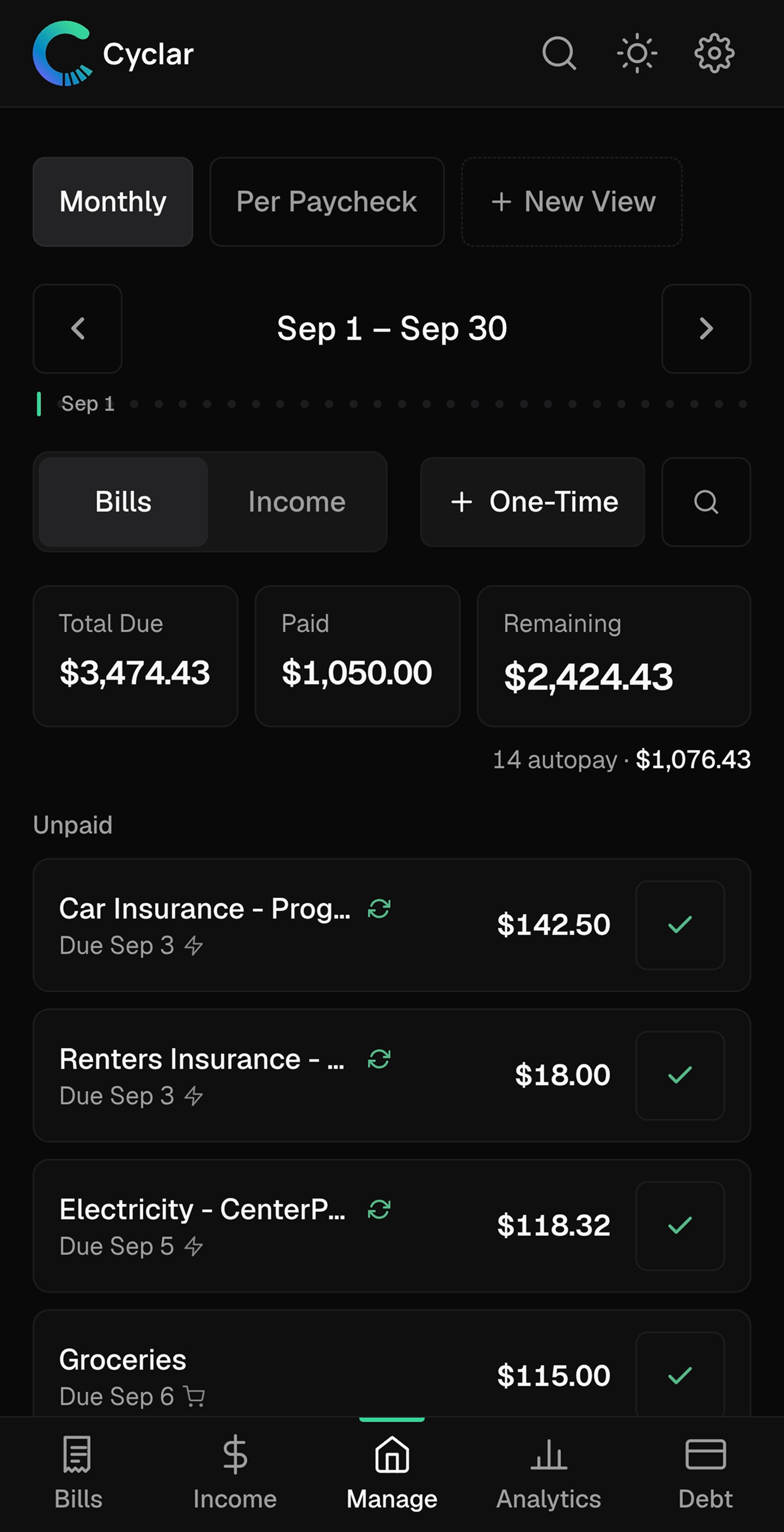 Cyclar Manage screen showing a monthly cashflow window