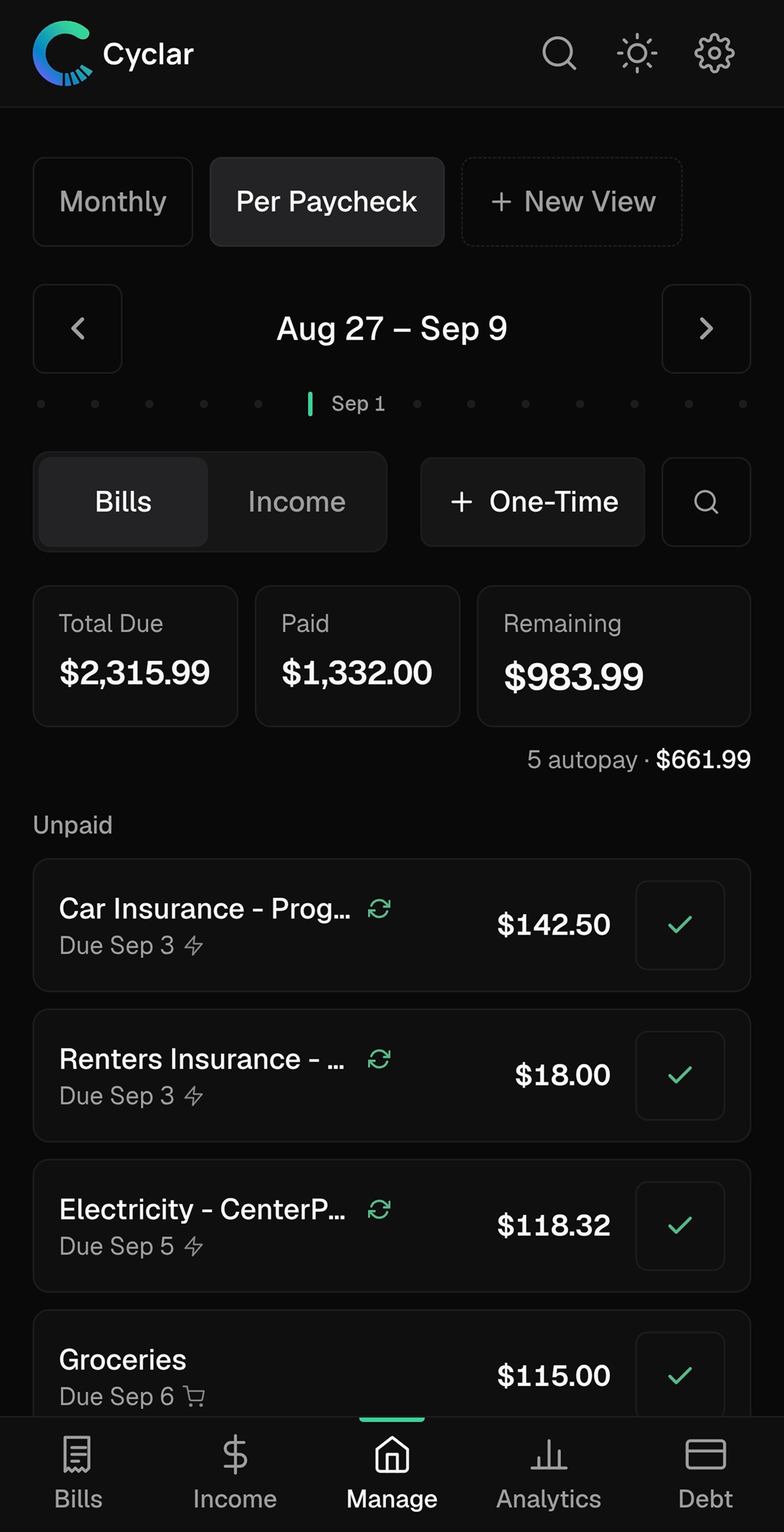 Cyclar mobile Manage view showing bills due before your next paycheck
