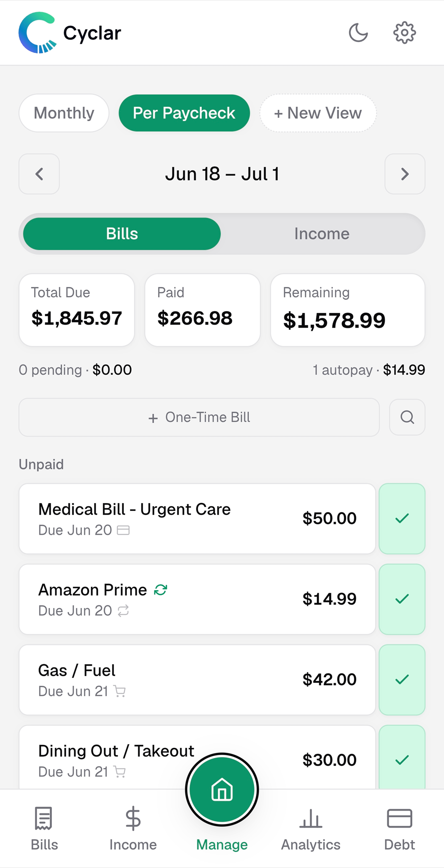 Cyclar app showing upcoming bills and cashflow overview