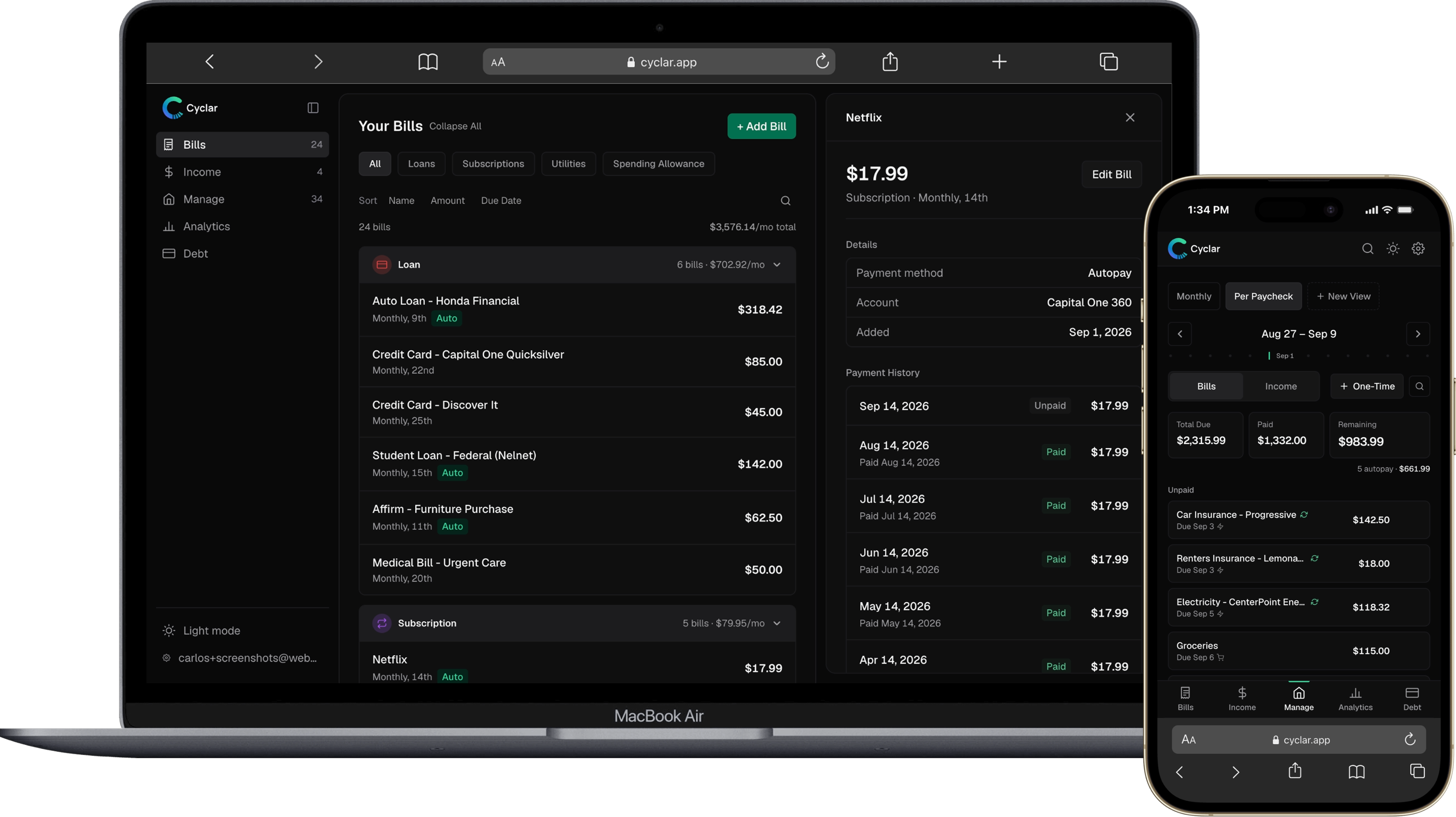 Cyclar on iPhone and MacBook showing mobile Manage view and desktop Bills layout with sidebar navigation